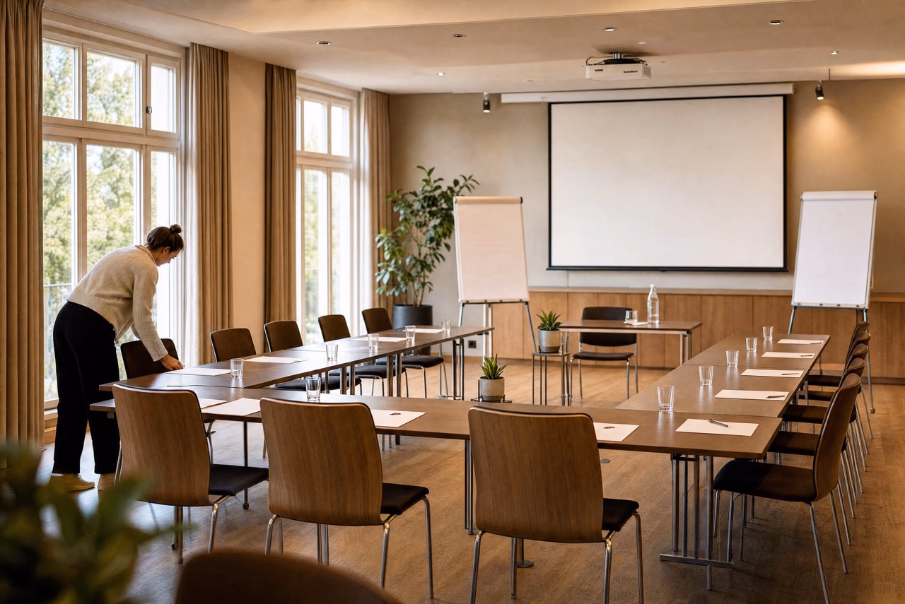 Seminarraum mit Bestuhlung in U-Form wird vorbereitet