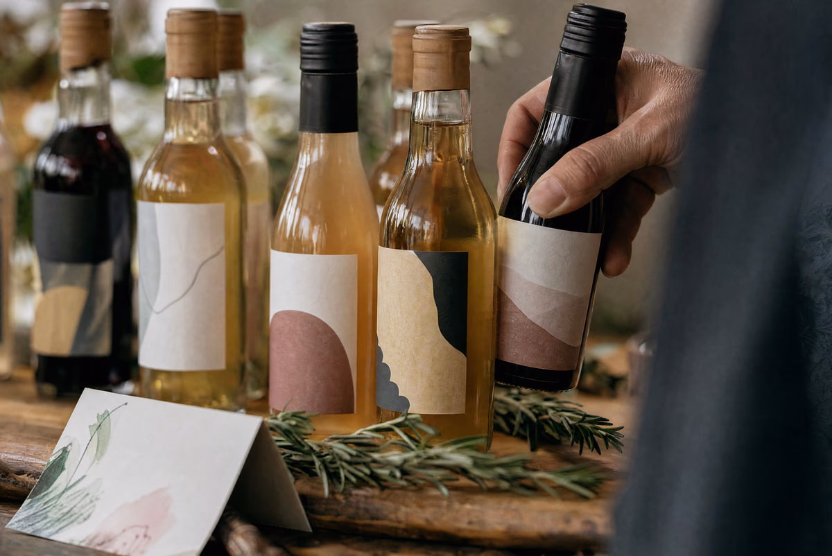 Kleine Flaschen mit individuellen Etiketten als Gastgeschenk