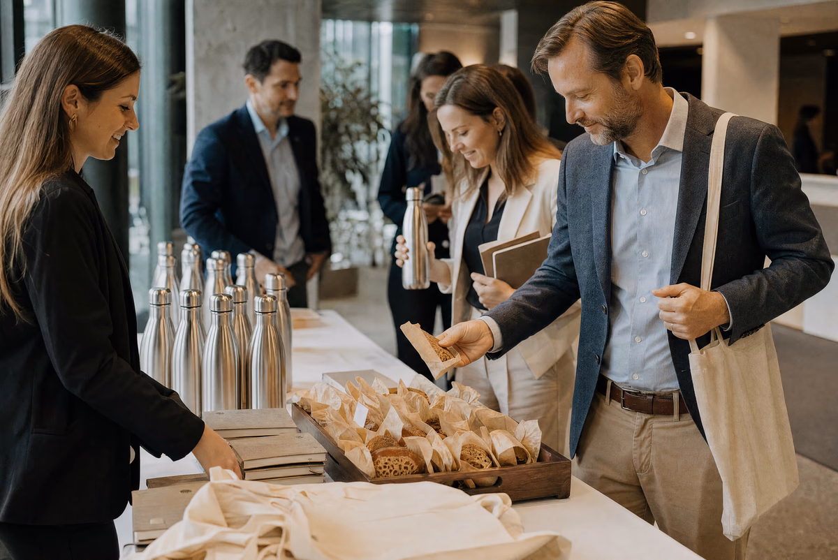 Empfangstisch mit Give-aways an einem Firmenevent