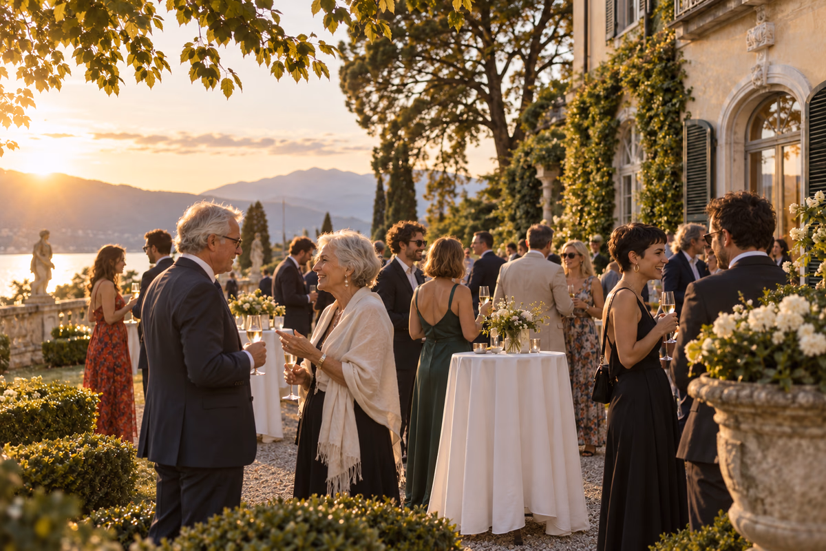 Apéro im Garten einer historischen Villa nach der Trauung