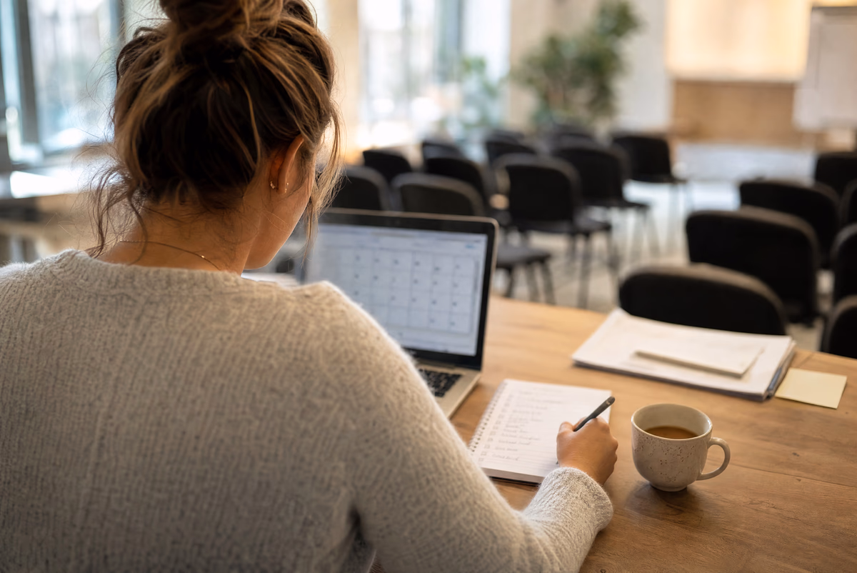 Seminarplanung am Laptop mit Notizblock und Checkliste