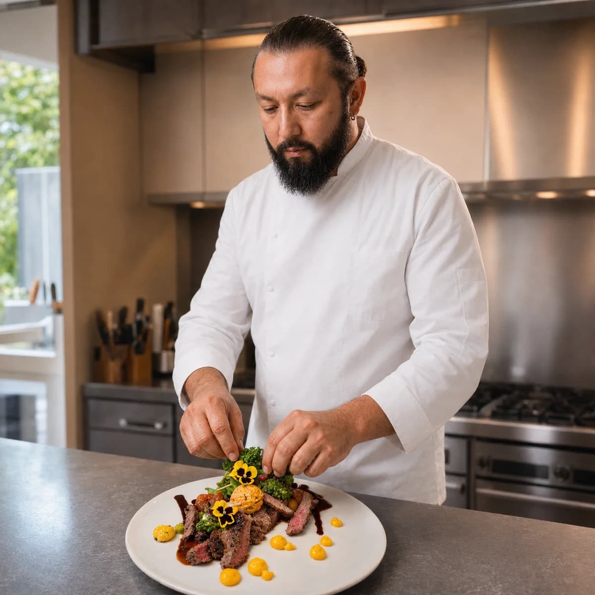 Privatkoch Alisina richtet in einer modernen Küche ein Steakgericht mit frischen Kräutern, essbaren Blüten und Saucen an.