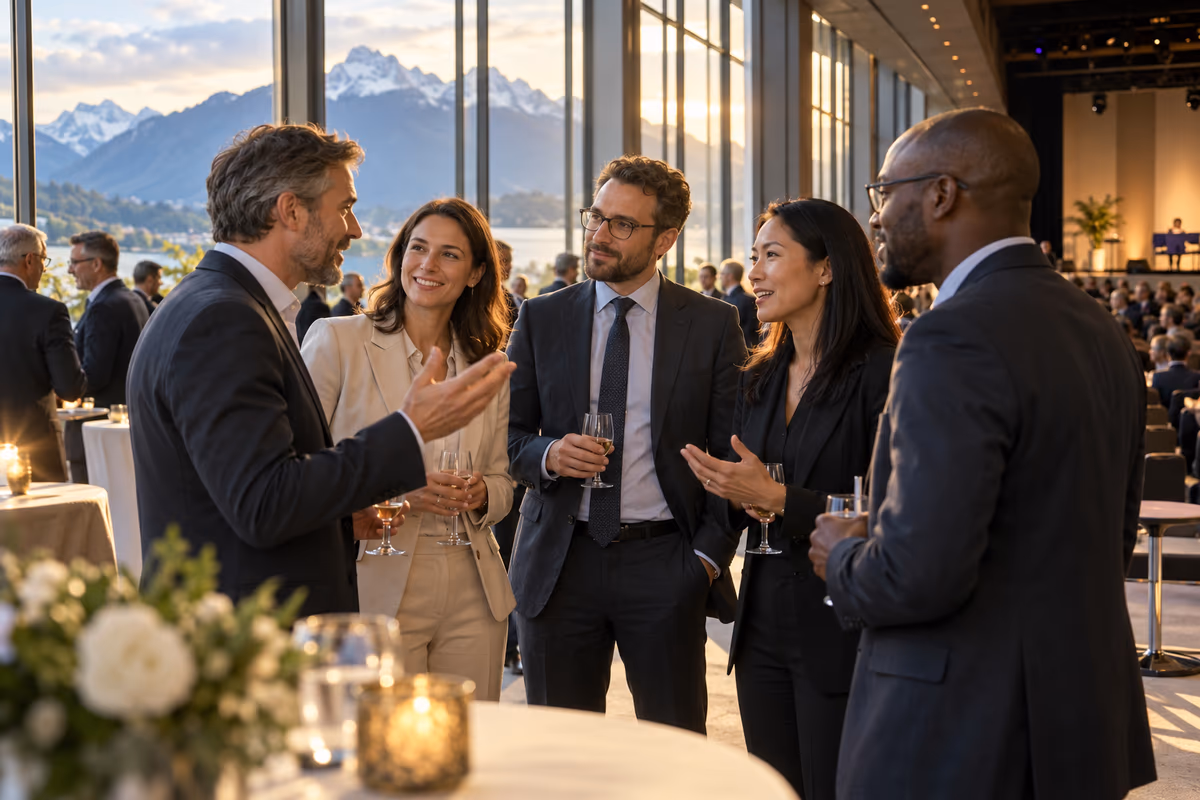 KI-Illustration einer Networking-Runde bei einer Wirtschaftskonferenz mit Alpenpanorama.