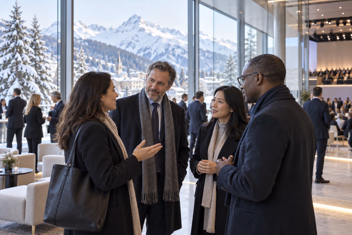 KI-Illustration eines internationalen Delegiertengesprächs in einem Kongressfoyer vor winterlichem Alpenpanorama.