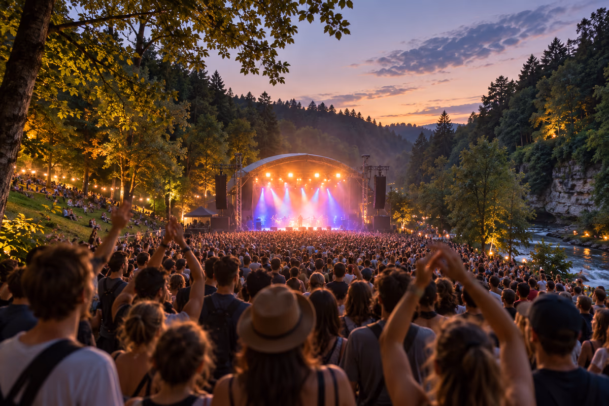 KI-Illustration eines Musikfestivals in einem bewaldeten Flusstal mit Bühne und Publikum.
