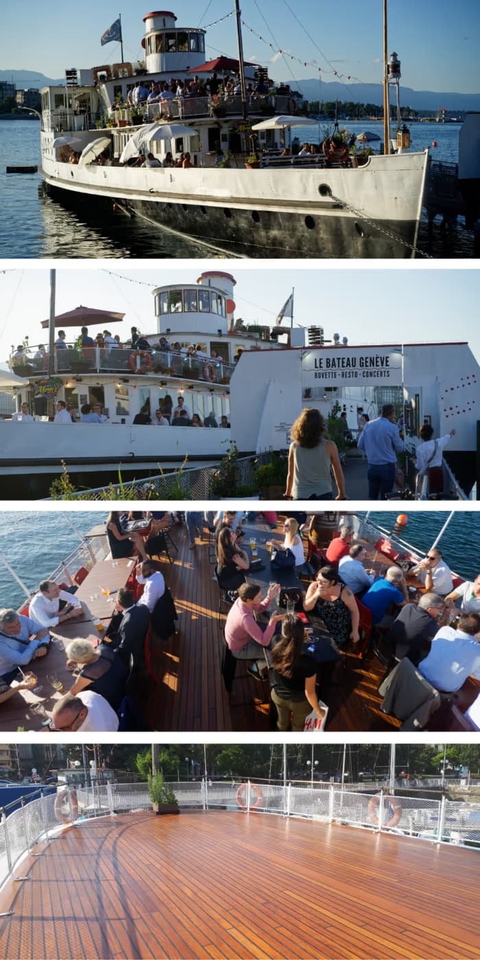 Bateau Genève mit Terrassen und Blick auf das Schiff