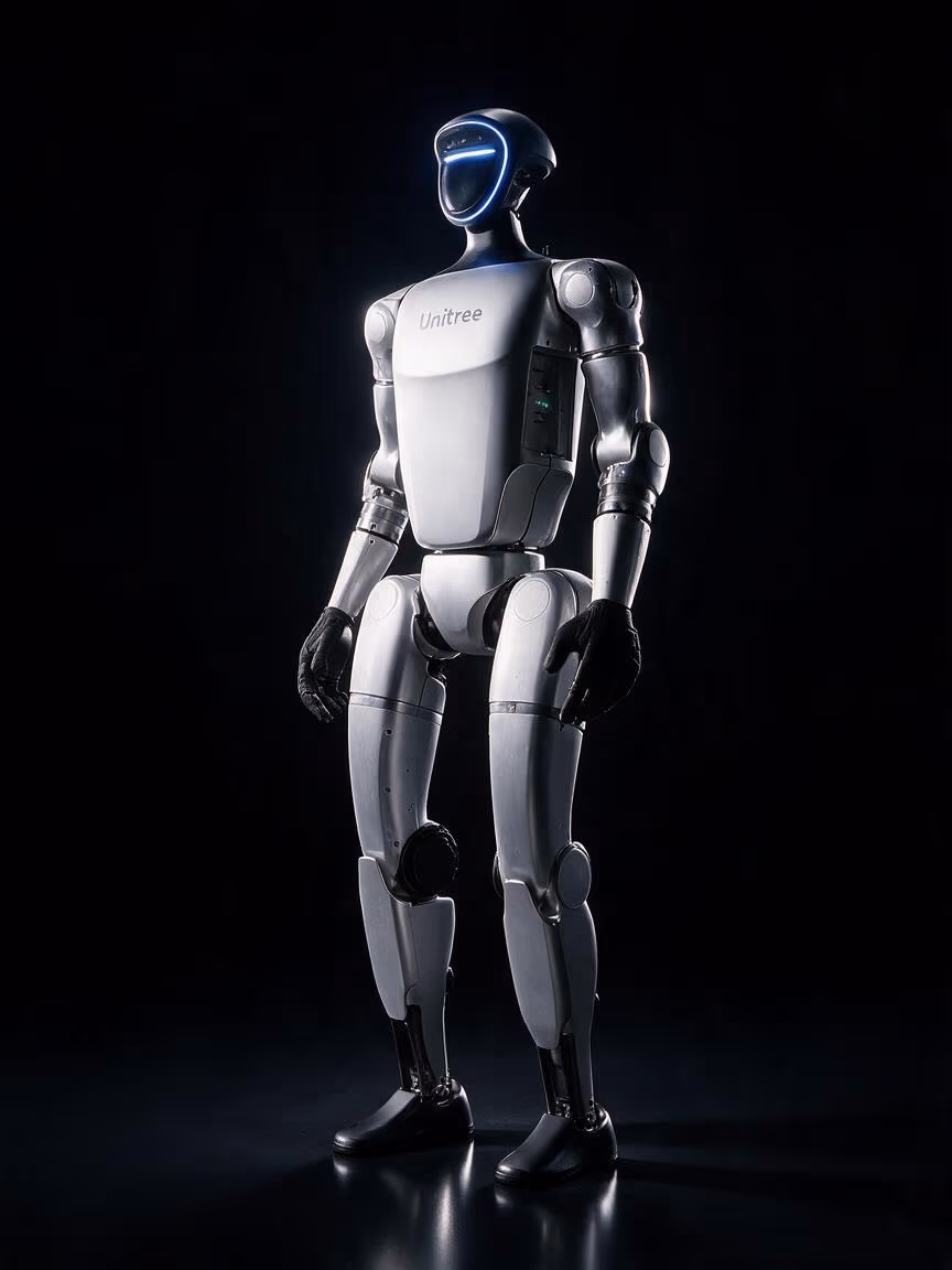 KI-generierte Illustration: humanoider Roboter Unitree G1 vor schwarzem Hintergrund