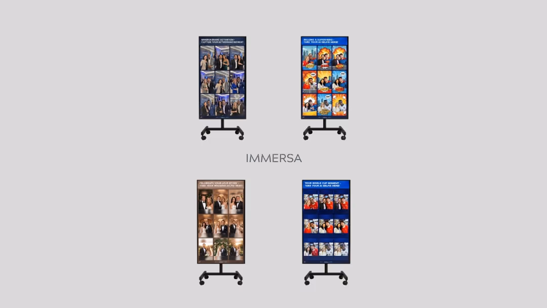 IMMERSA AI Photo Booth mit vier verschiedenen Themes auf TV-Displays: Corporate Networking, Superhelden, Hochzeit und FIFA Weltmeisterschaft. Vollständig anpassbar für jeden Event.