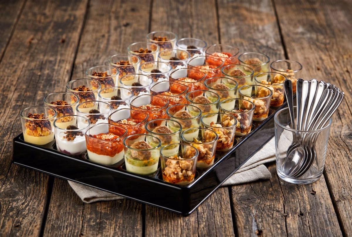 Flying Vorspeisen Sortiment (35x40g)
7 x Chicken mit Tomaten Pesto & Hüttenkäse-Mousse
7 x Kalbsfrikadelle mit Pommery-Senf, Wurzelgemüse Salat
7 x Gebeizter Lachs mit Kimchi auf Yuzu Frischkäse-Mousse
7 x Hüttenkäse-Mousse Tacciasca Oliven & Rote Beete Salat
7 x Mais-Crème mit Süßkartoffel und Tomaten-Hafer Crunch