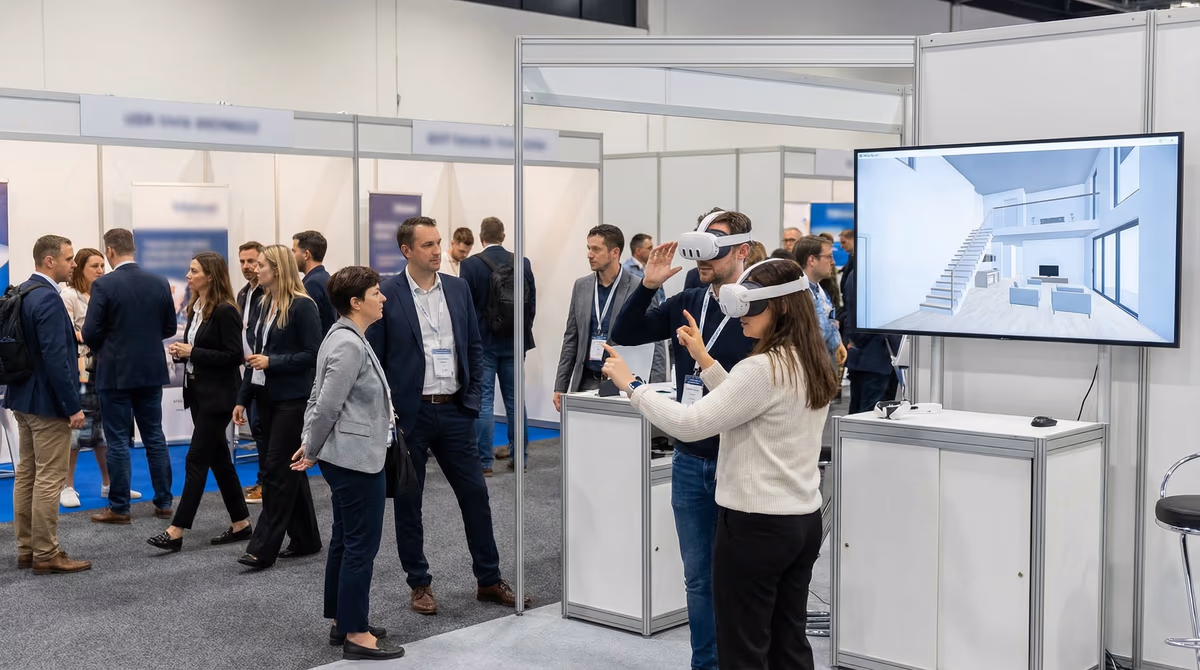 Immersive VR-Aktivierung an einem Messestand in der Schweiz. Besucherinnen erleben mit Meta Quest Headsets eine interaktive Architekturvisualisierung live vor Ort. VR Events und Messen mit IMMERSA — professionelles Setup, Vor-Ort-Betreuung und massgeschneiderte Inhalte für Firmenveranstaltungen und Ausstellungen.