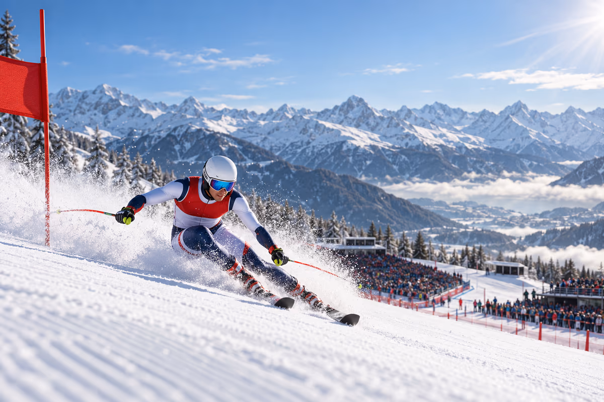 KI-Illustration eines Skirennfahrers auf einer alpinen Rennpiste vor verschneitem Bergpanorama und Zuschauertribünen.