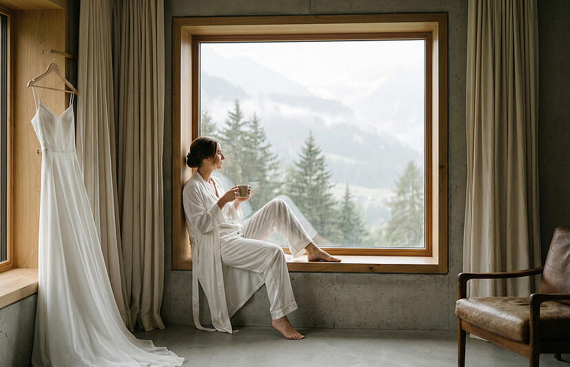 Peaceful bride sitting on window sill in modern alpine hotel room, holding tea cup, looking at misty Swiss mountains and pine trees, white wedding dress hanging on wooden hanger, concrete floor and walls, natural morning light, relaxation before wedding day