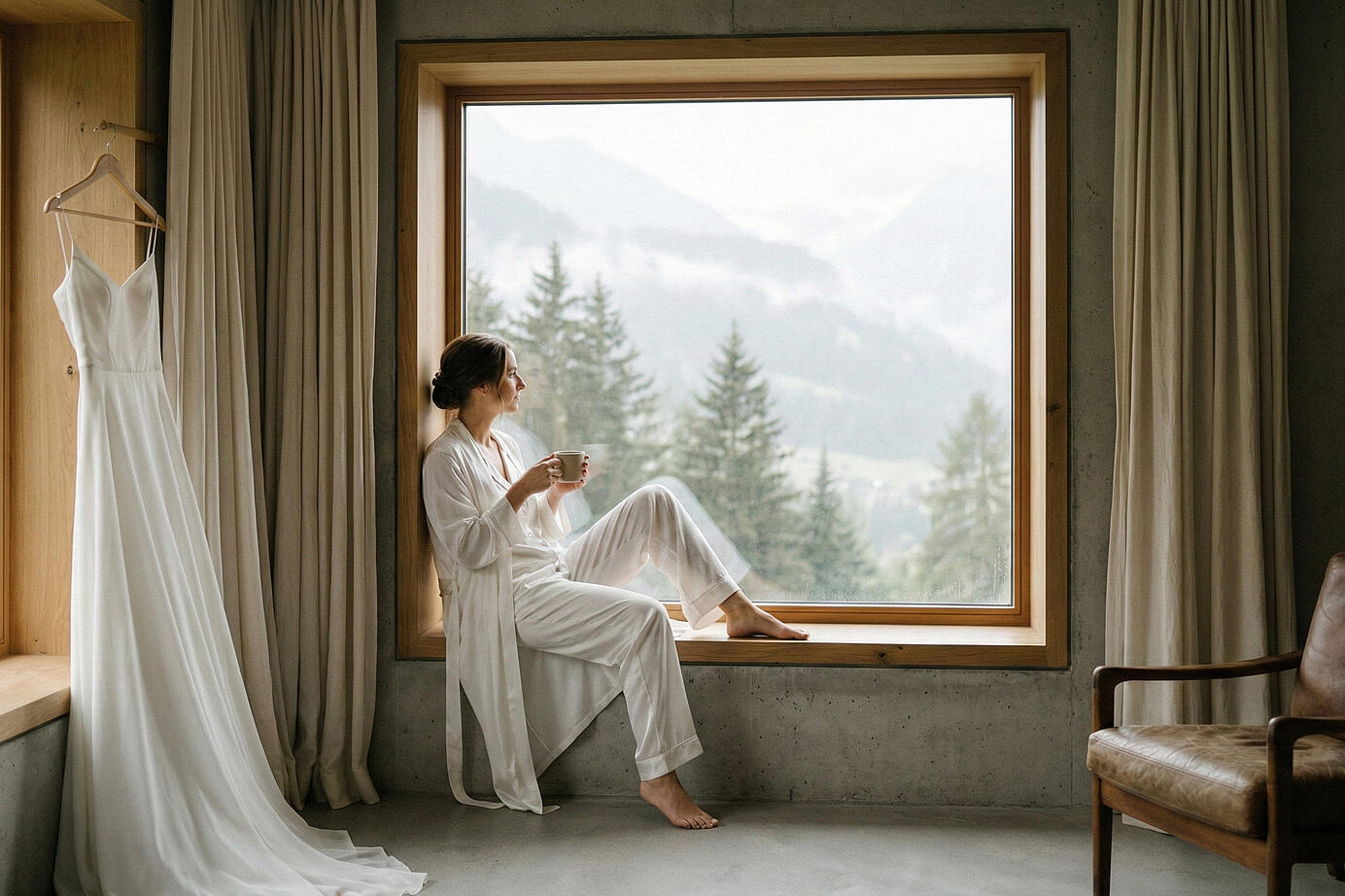 Peaceful bride sitting on window sill in modern alpine hotel room, holding tea cup, looking at misty Swiss mountains and pine trees, white wedding dress hanging on wooden hanger, concrete floor and walls, natural morning light, relaxation before wedding day